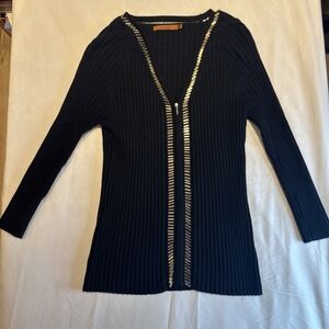 Belldini Vintage Ribbed Sweater Zip Up With Metal Accents‎ Black Women's Size M